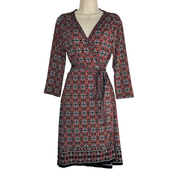 MAX STUDIO Tie Japan Wrap Knee Dress Sz L Geometric Print Red Black White Jersey - Picture 1 of 8
